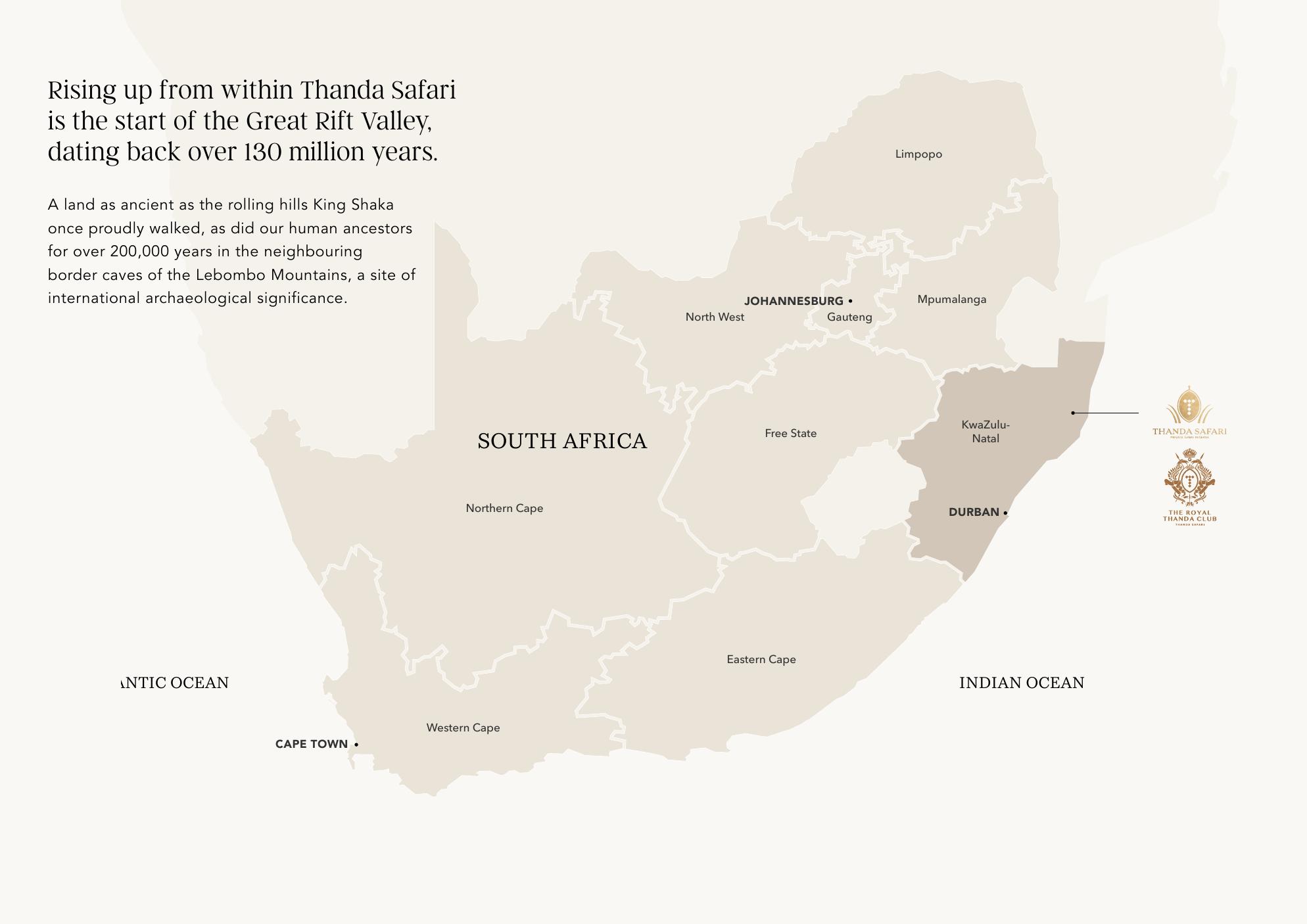 Map of South Africa locating Thanda Safari in KwaZulu-Natal