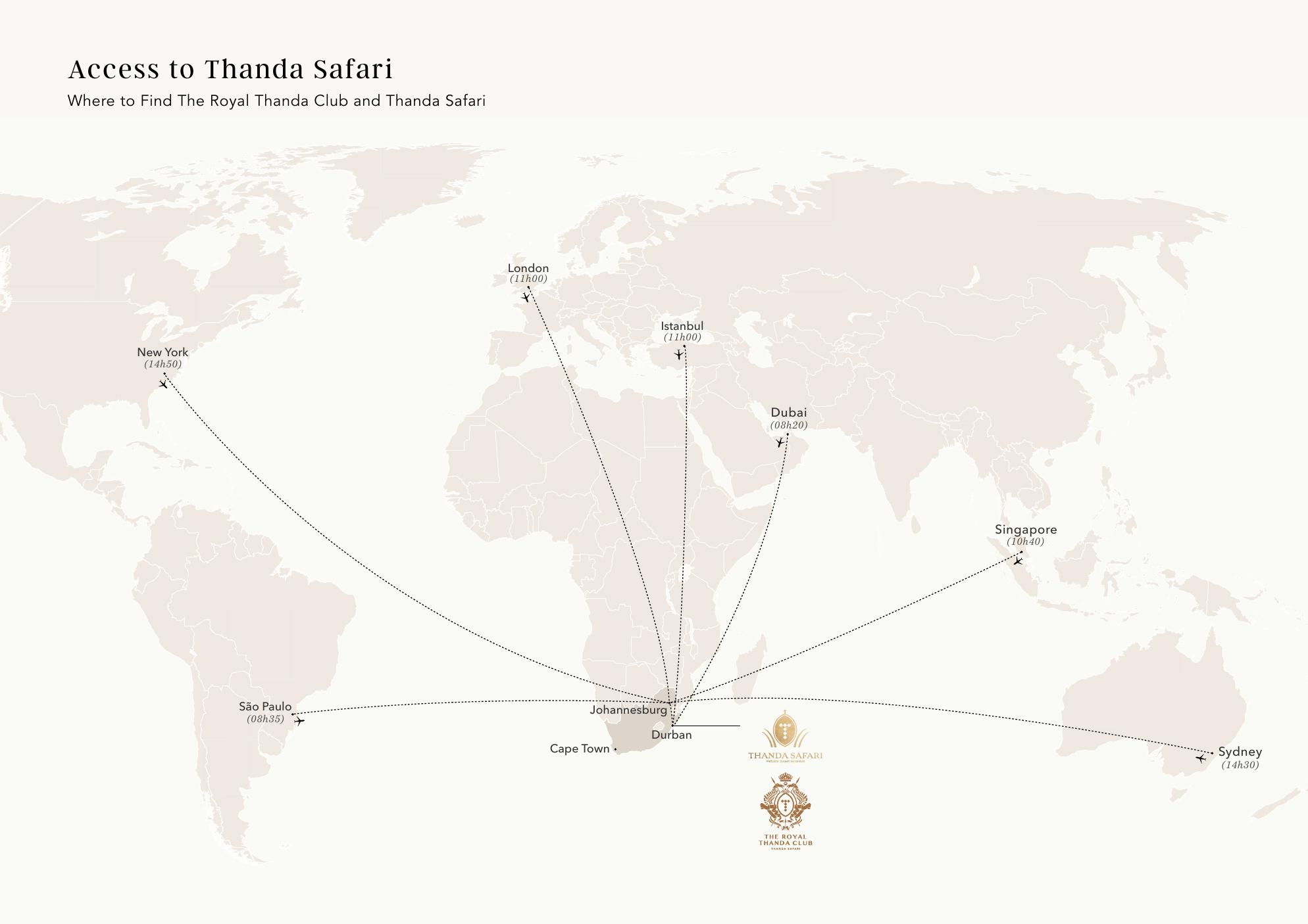 World access map to Thanda Safari via Johannesburg and Durban